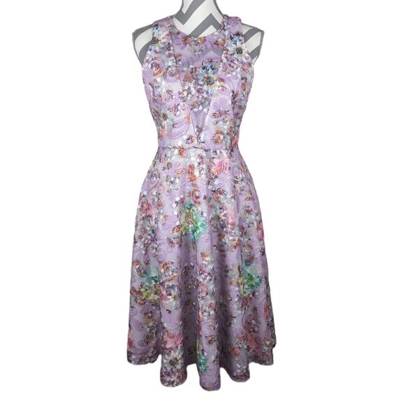 BADGLEY MISCHKA BELLE Nadia Dress Floral Sleeveless A-line Cocktail Lilac Size 6 - Picture 14 of 15